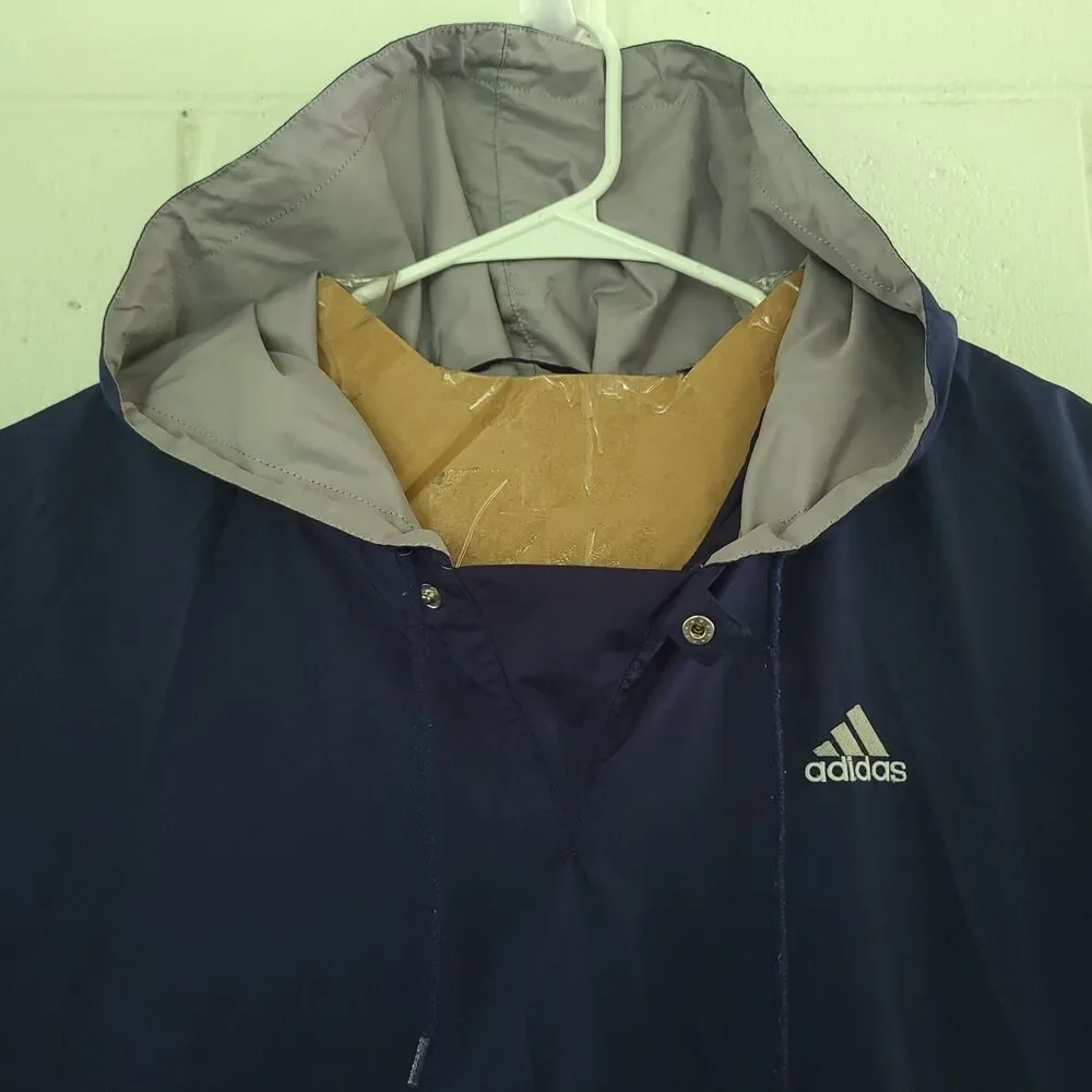 VTG 90s Adidas XL Navy Hooded Windbreaker Jacket 3 Stripe Embroidered Unisex EUC